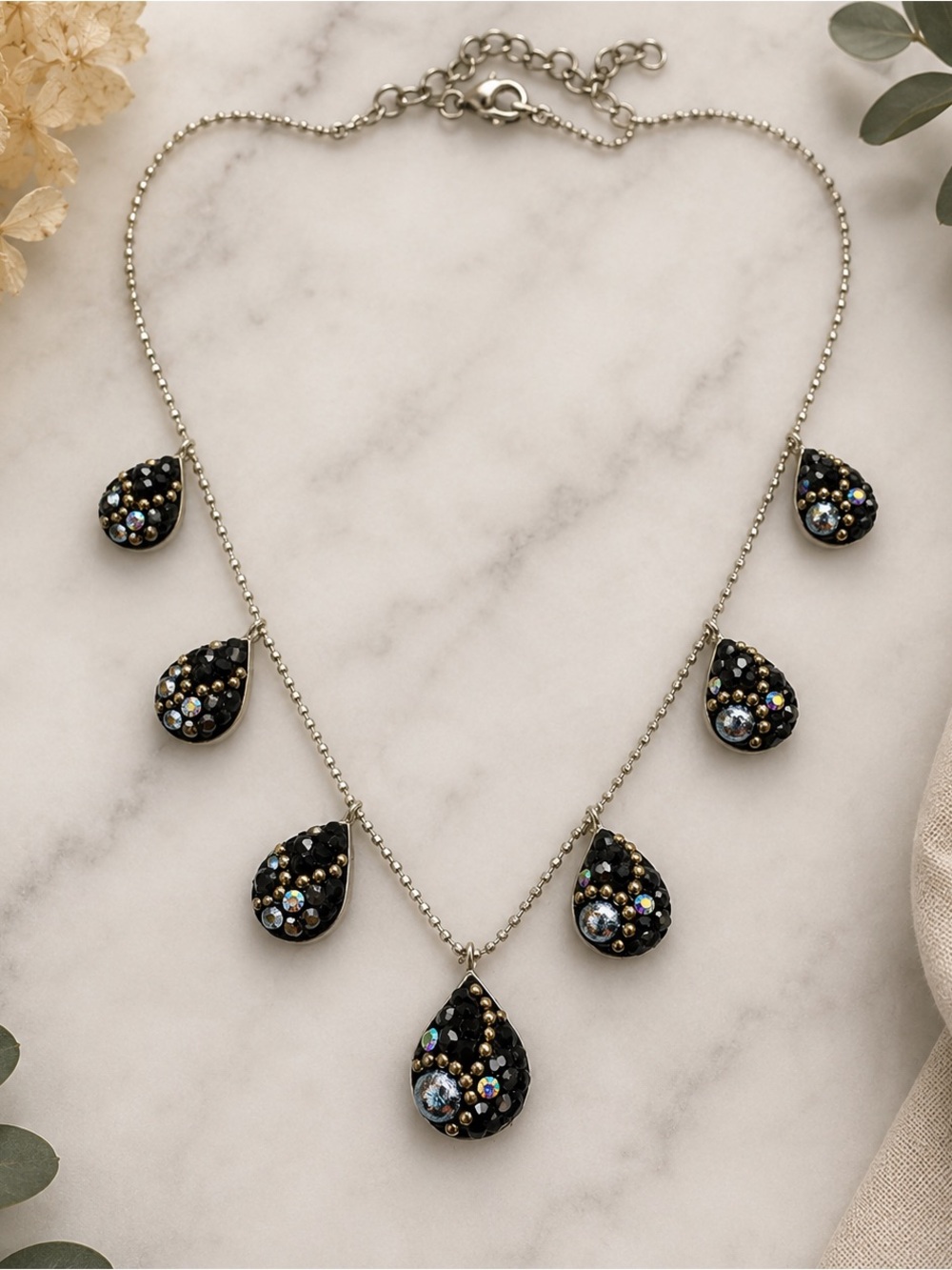 Mosaico Sterling Silver Black AUSTRIAN Crystals and Dichroic Glass